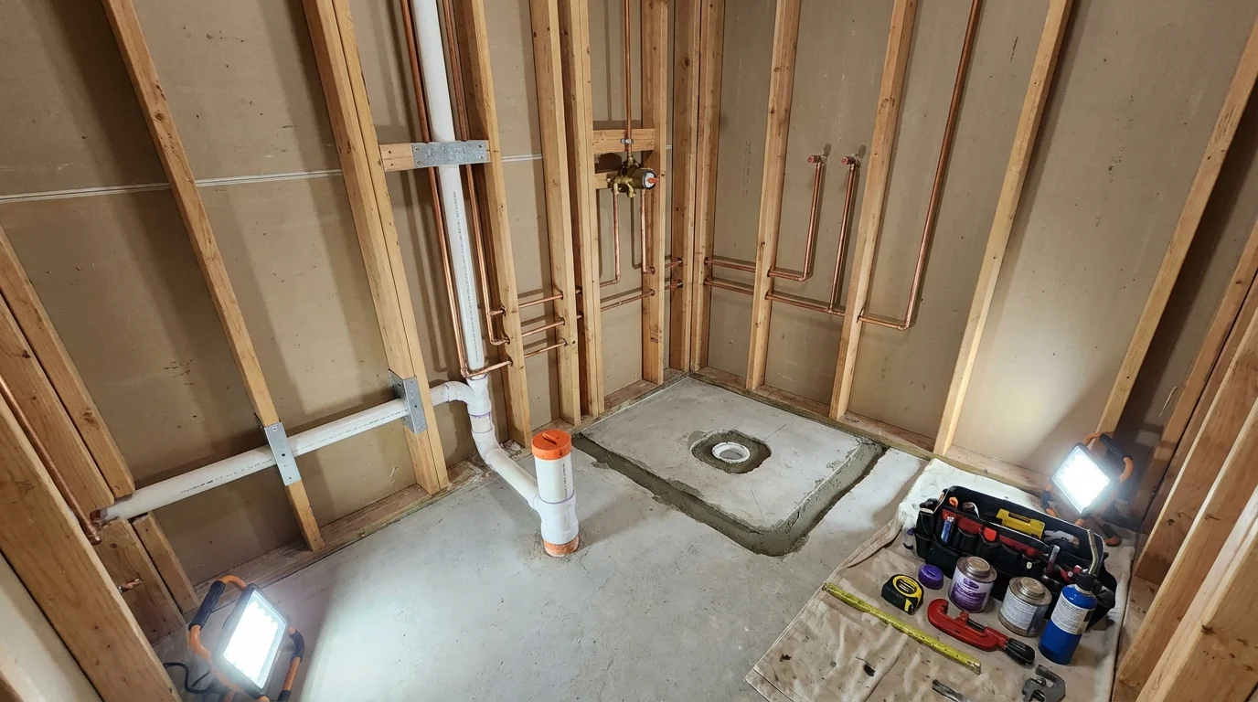 Bathroom rough-in plumbing during remodel by Johns Plumbing LLC in Elko New Market