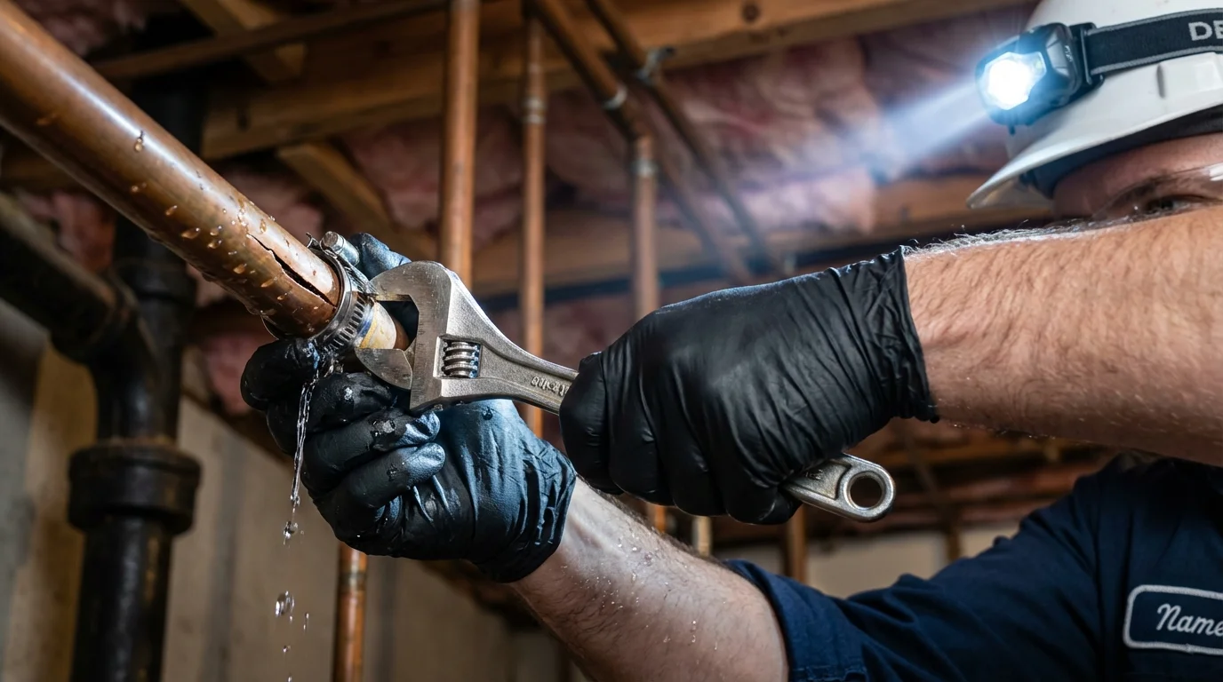 Emergency pipe clamp repair being performed by a Johns Plumbing LLC plumber in Elko New Market