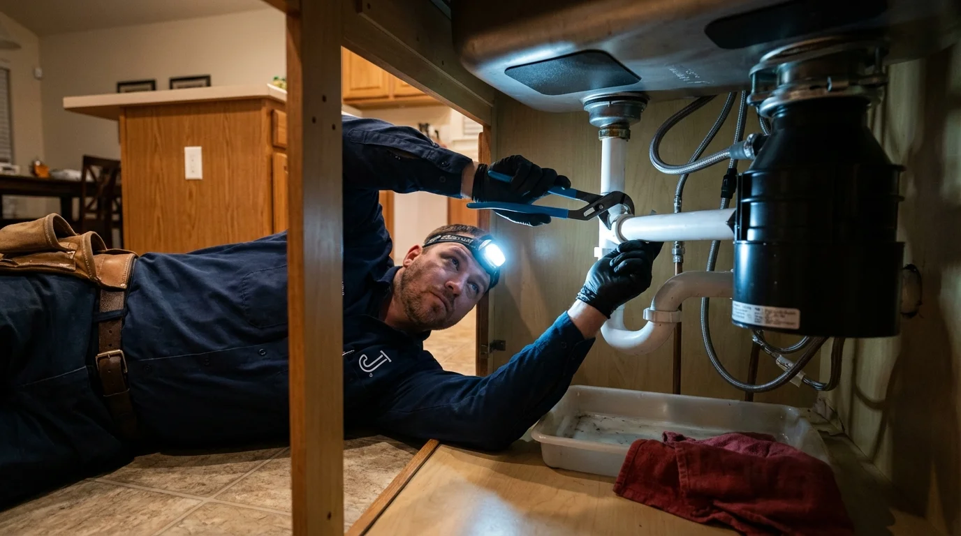 P-trap and supply line connections under a kitchen sink showing a common leak point in Elko New Market, MN